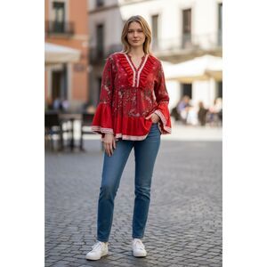 Eclectic boho Floral Red high low Ruffle Women's Top size L - 40” at bust.